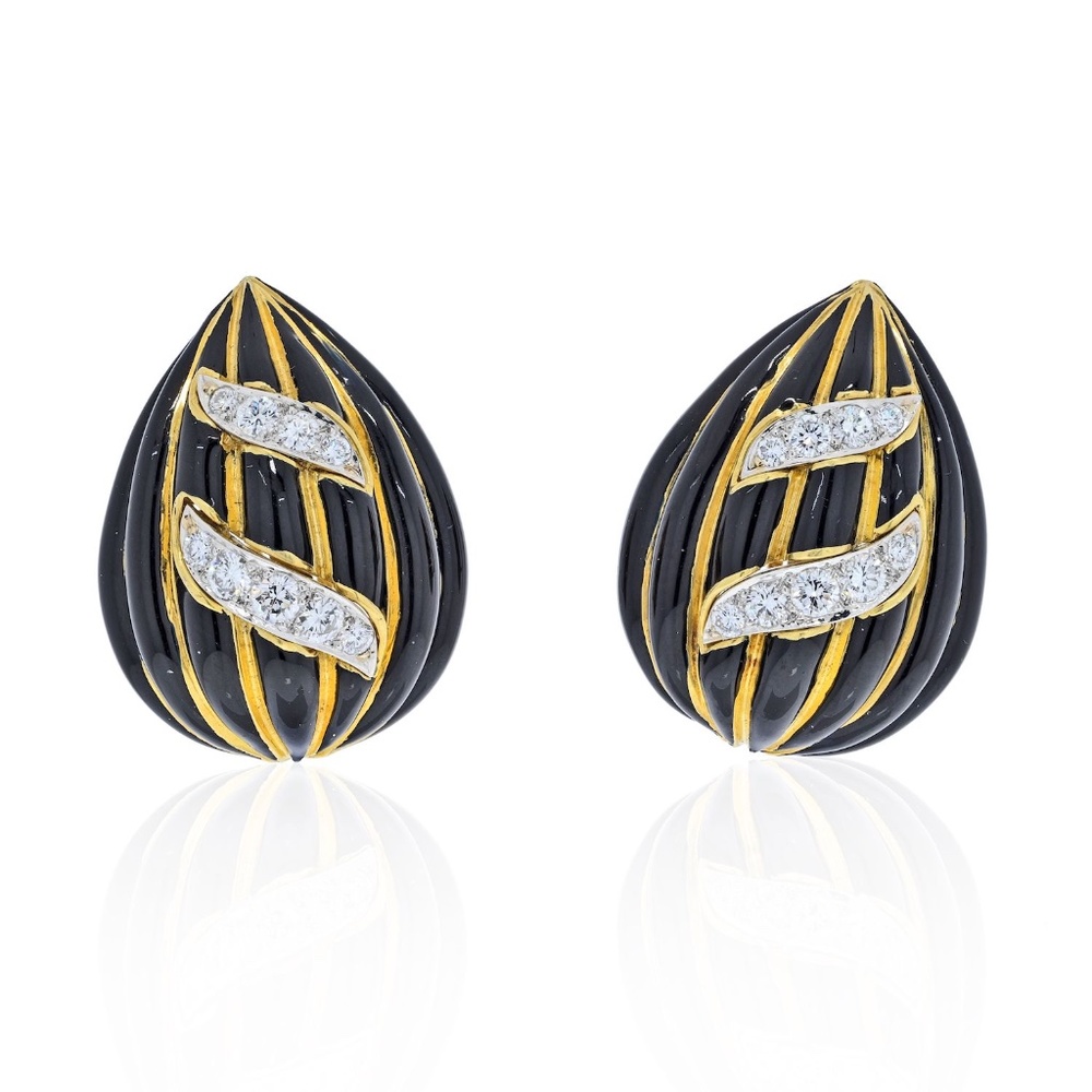 David Webb Black Enamel, Striped And Diamond Tear Drop Clip Earrings